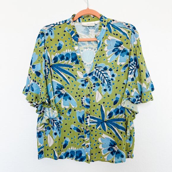 Anthropologie Floral Print Button Down Blouse‎ Green Blue Size S Boho Resort - Picture 1 of 7